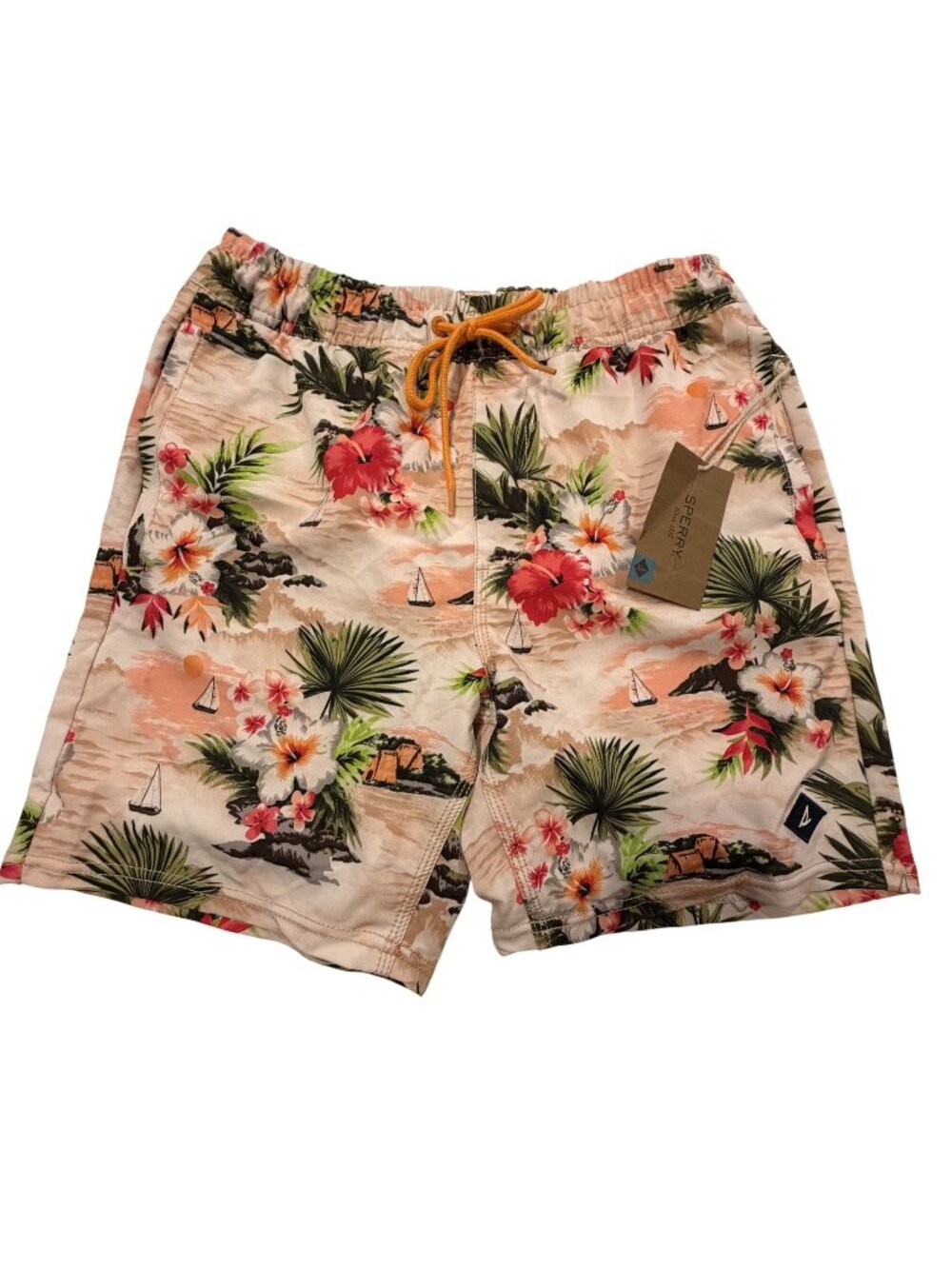 NWT Sperry Mens Tropical Print Swim Trunks Elastic Waist Multicolor Design